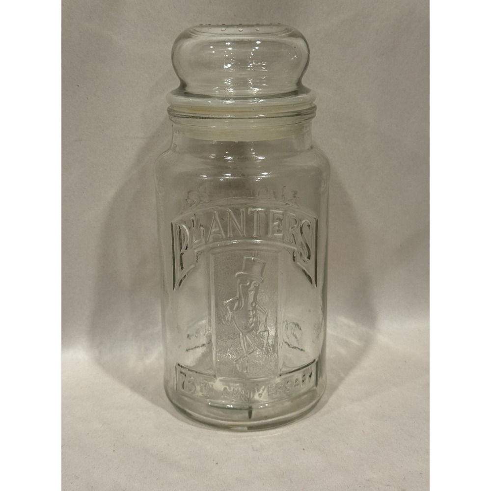 Vintage 1981 75th Anniversary Planters Mr. Peanut Glass Jar with Lid Cannister